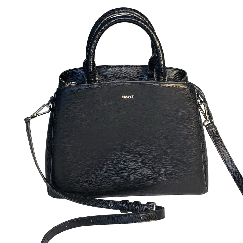 DKNY Satchel Bag Womens Black Structured Top Handle Shoulder Purse Gold Hardware